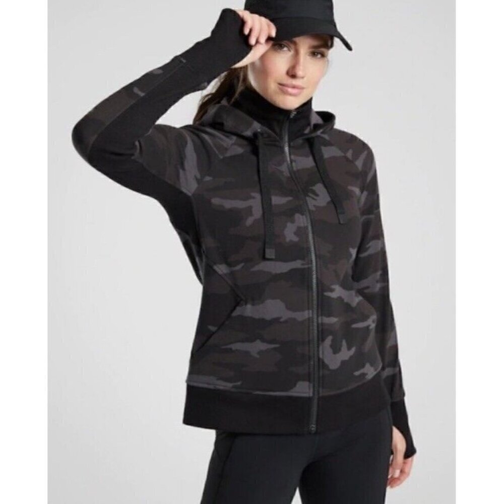 ATHLETA Woman's Sz M Triumph Black Gray Camo Printed Zip Up Hoodie Jacket